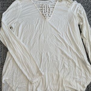 American Eagle Outfitters Cream Lace-Up Long Sleeve Top